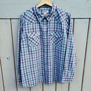 Wrangler Wrancher Women’s Western Button-Up Shirt in blue/pink XL Cowgirl Rodeo